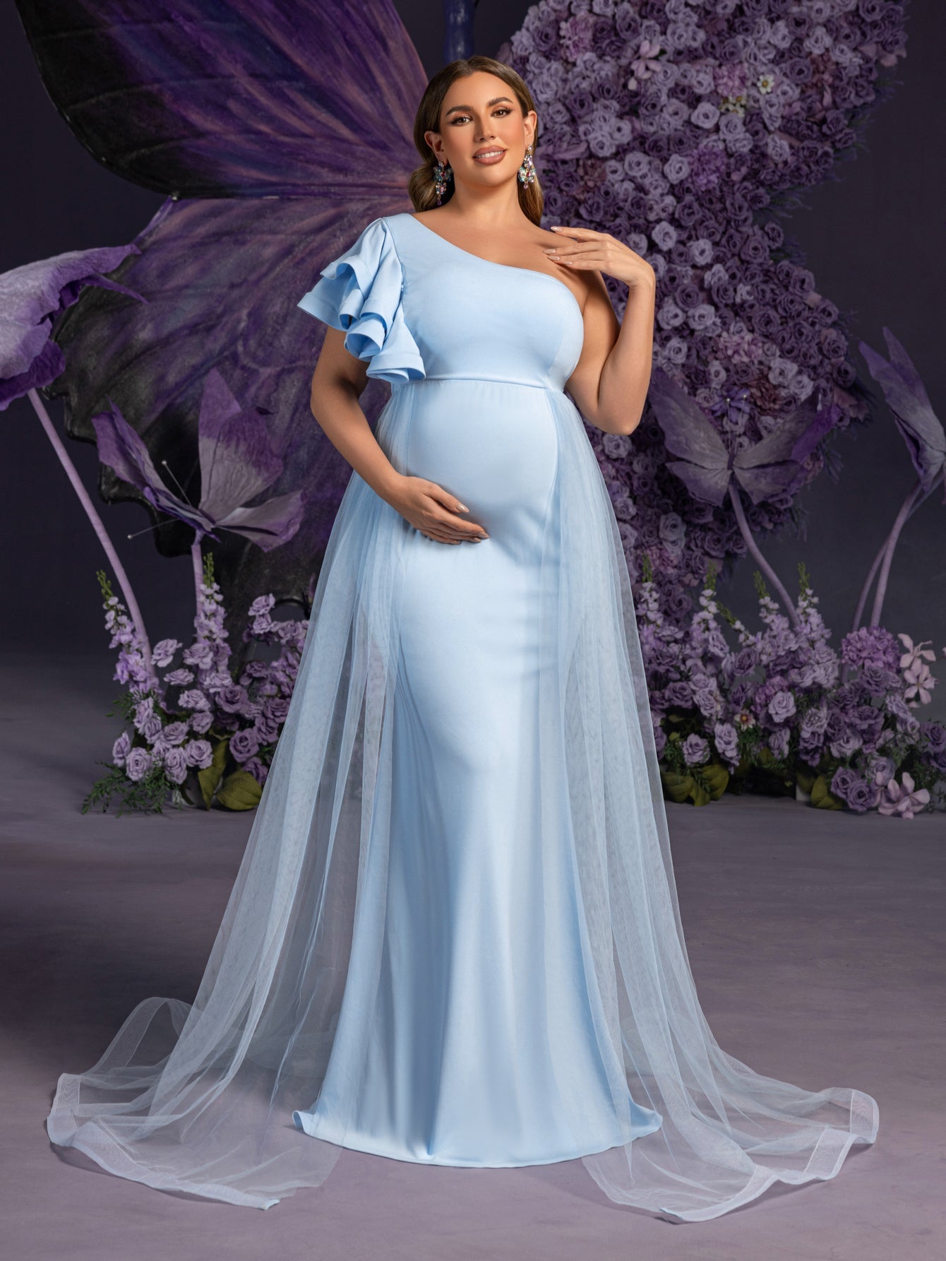 Maternity Plus Evening Gown with Asymmetrical Ruffle Neckline & Tulle Light Blue / 1XL Maternity Plus Evening Gown with Asymmetrical Ruffle Neckline & Tulle Light Blue / 1XL