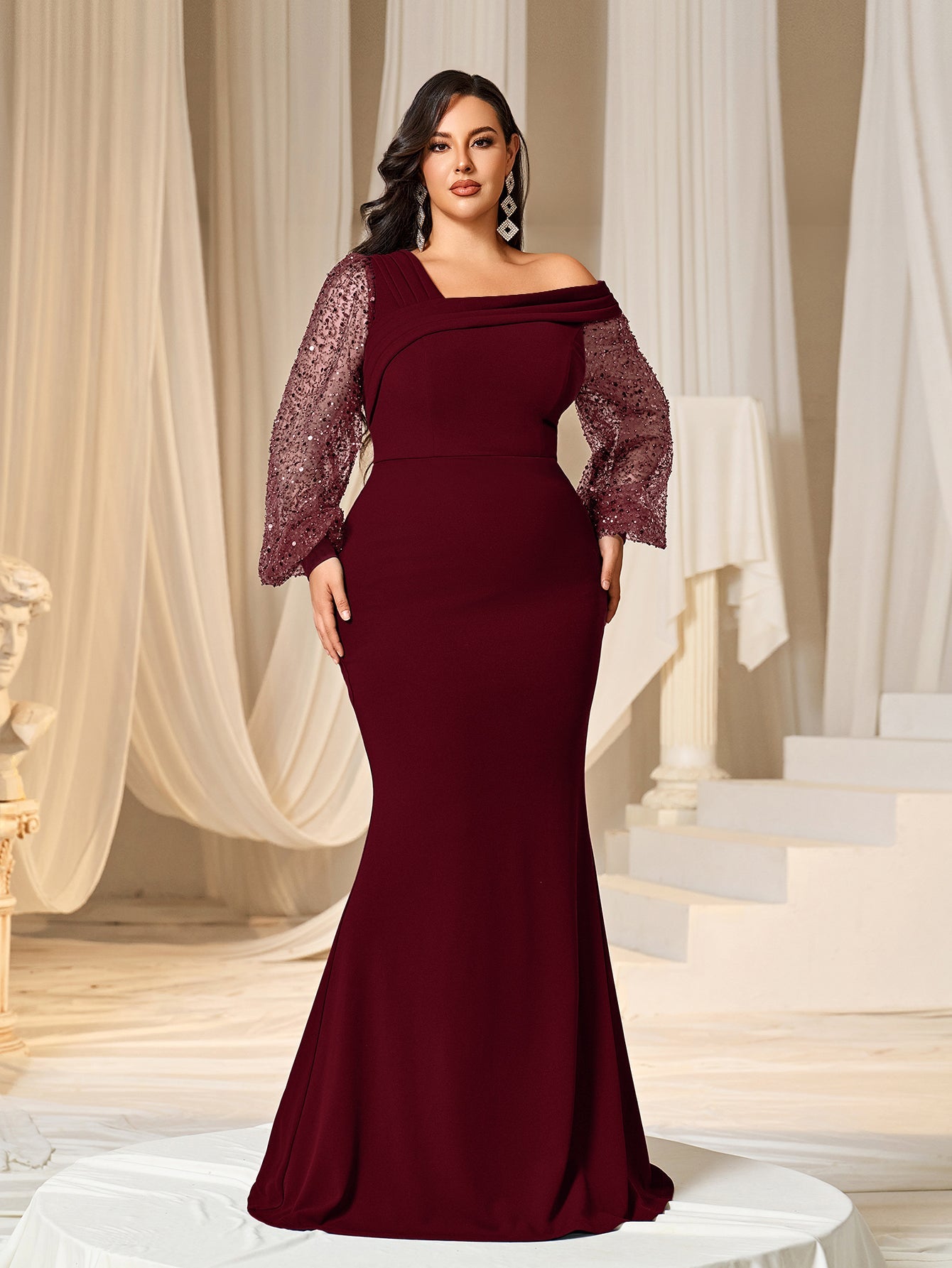 Plus Asymmetrical Neck Lantern Sleeves Formal Mermaid Dress Burgundy / 3XL Plus Asymmetrical Neck Lantern Sleeves Formal Mermaid Dress Burgundy / 3XL
