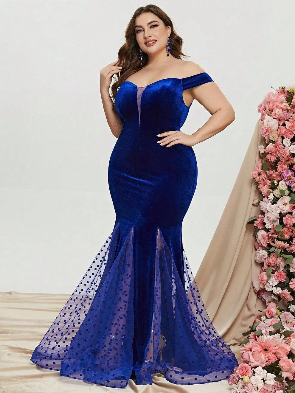 Plus Off Shoulder Mesh Insert Mermaid Dresses - Elonnashop