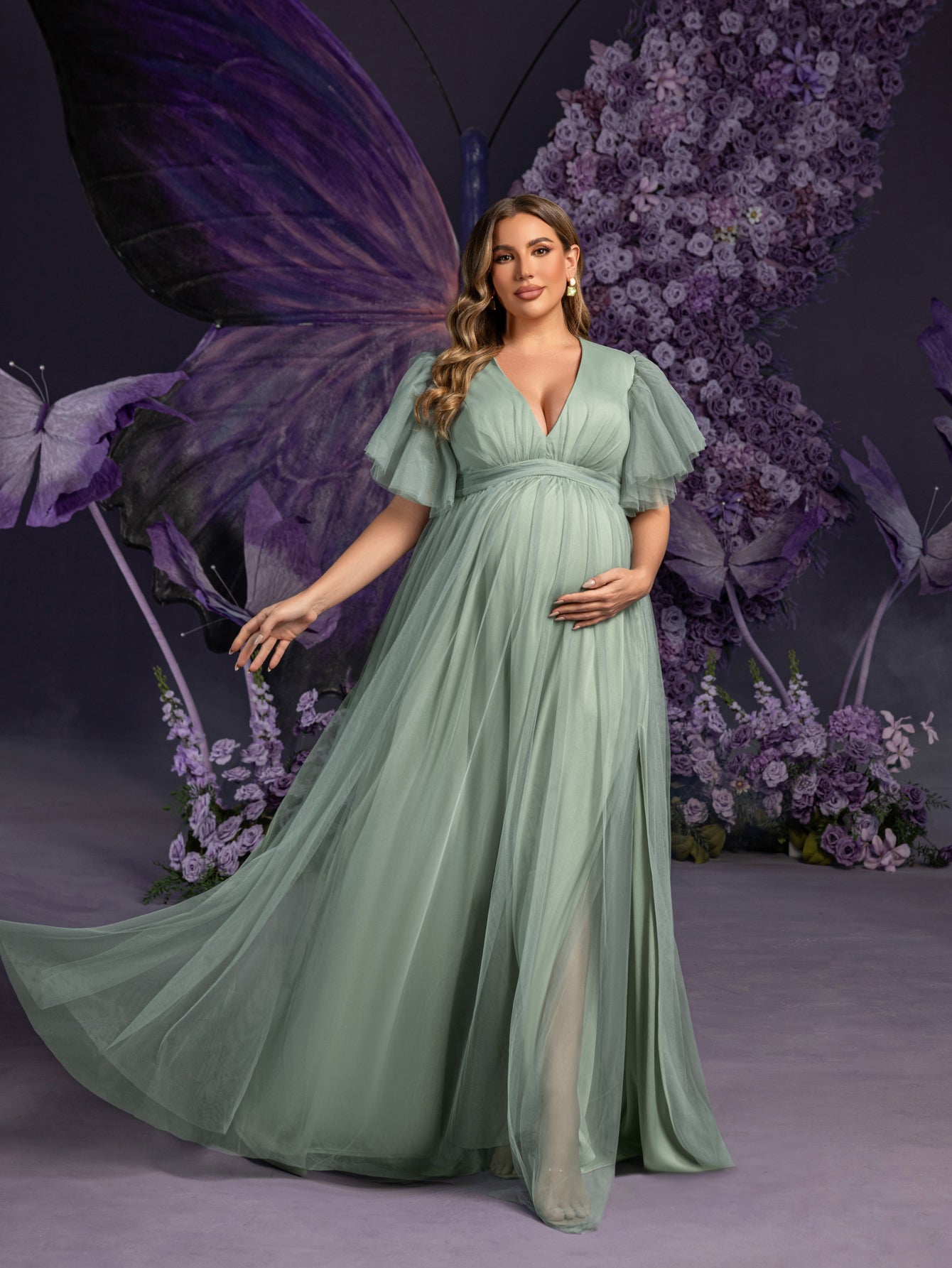 Plus Maternity  V Neck Layered Ruffle Sleeves Split Prom Dress