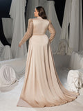 Plus Luxury Sequin Sleeves Mock Neck Ruched Front Mermaid Hem Formal Dress