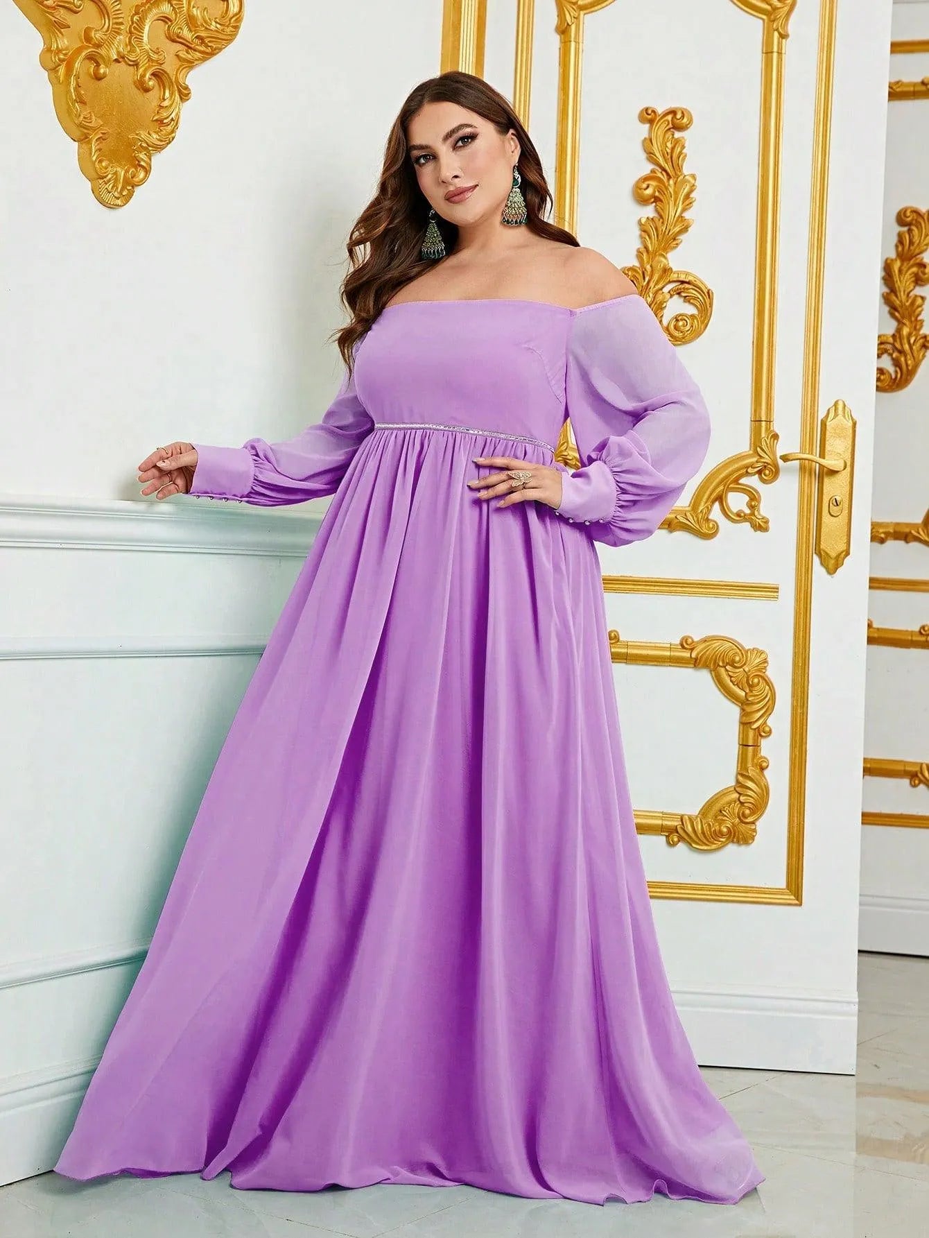 Plus Off Shoulder Long Sleeves Chiffon A Line Dress - Elonnashop