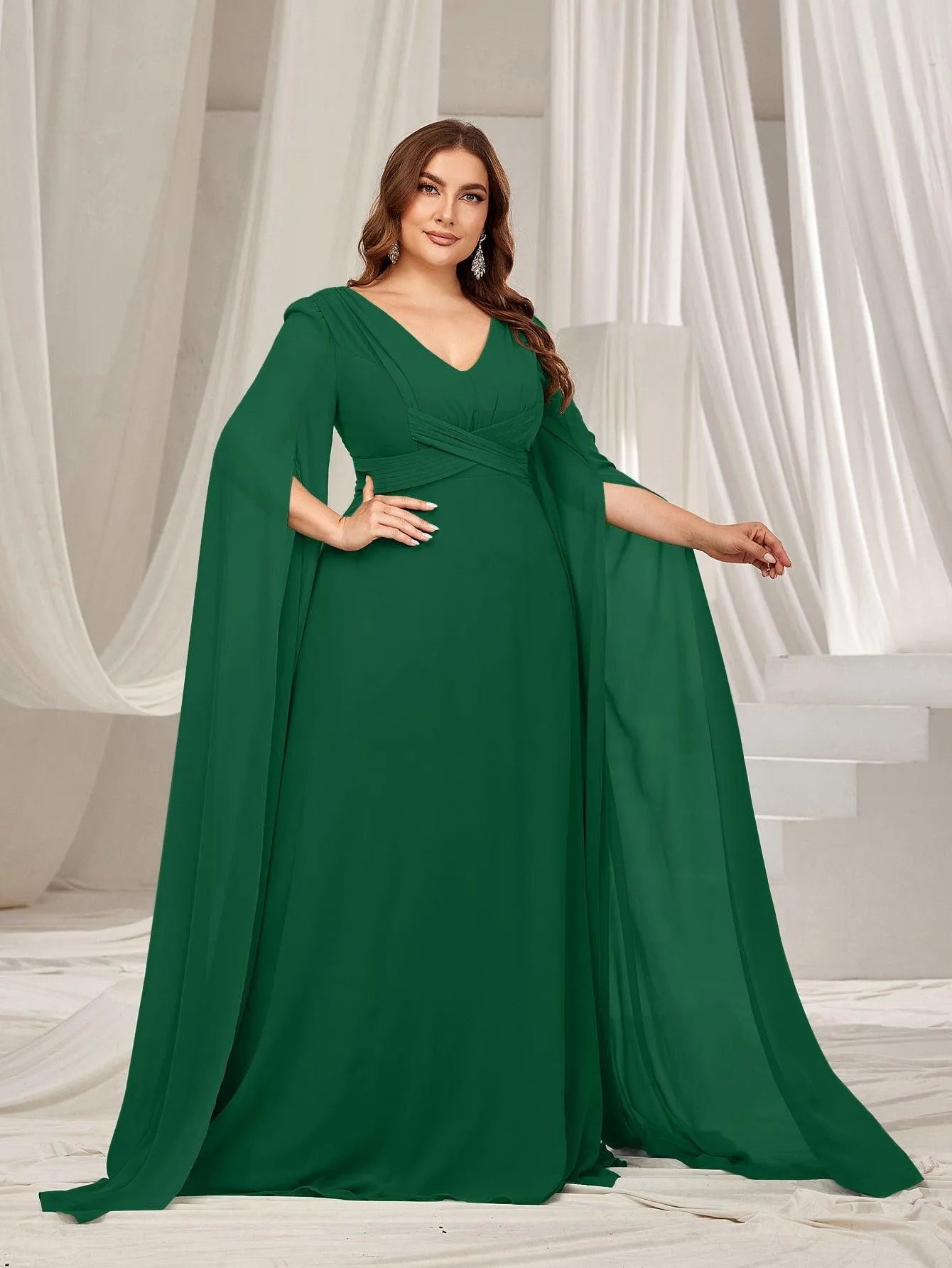 Plus Solid Ruched Front Extra-Long Sleeves Chiffon Prom Dress Green / 2XL Plus Solid Ruched Front Extra-Long Sleeves Chiffon Prom Dress Green / 2XL
