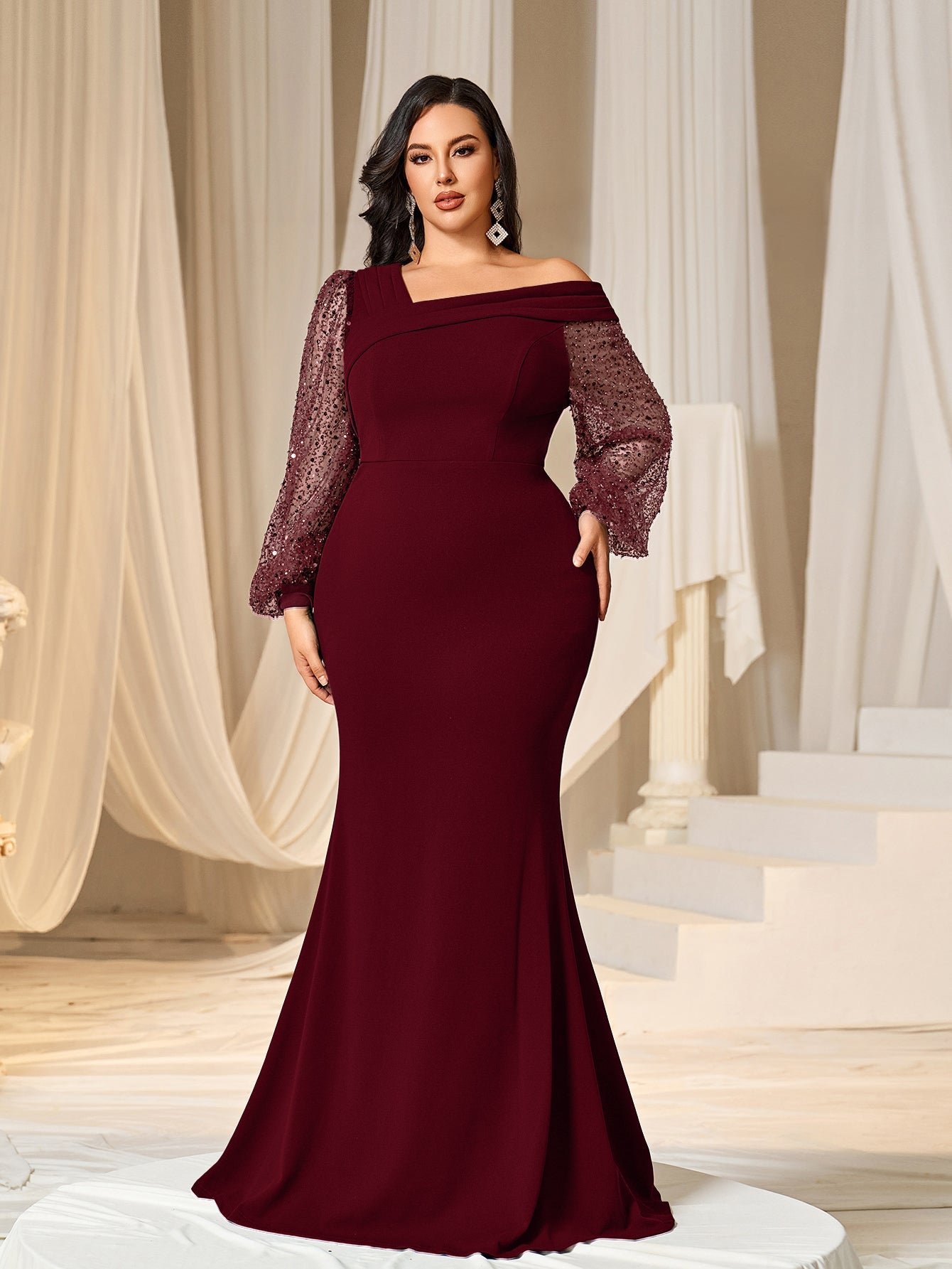 plus size burgundy mermaid dress Plus Asymmetrical Neck Lantern Sleeves Formal Mermaid Dress Curvepretty