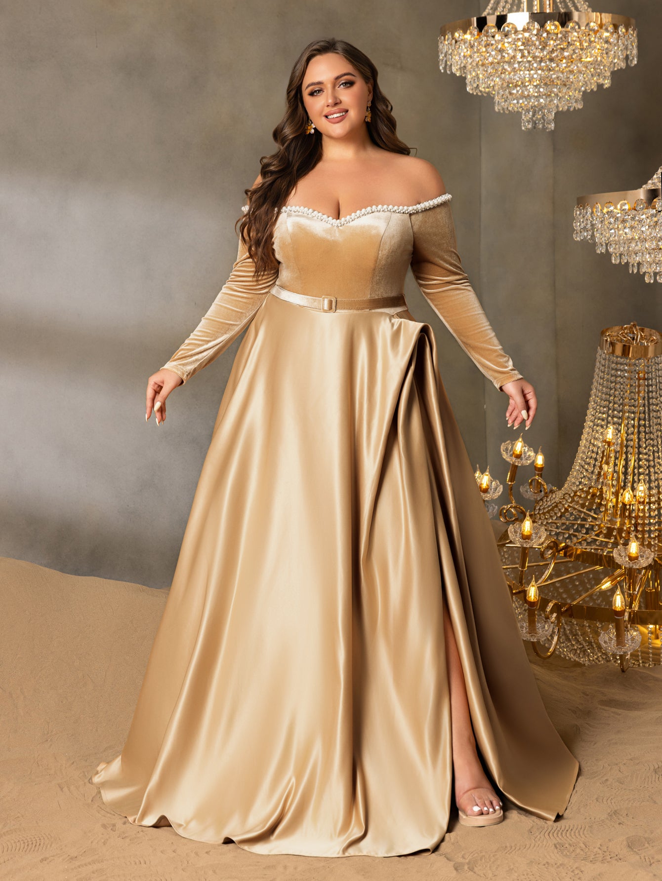 Plus Women's Pearl Accented Off-The-Shoulder Formal Gown | Long Sleeves | Defined Waist Belt | Full Flared Skirt