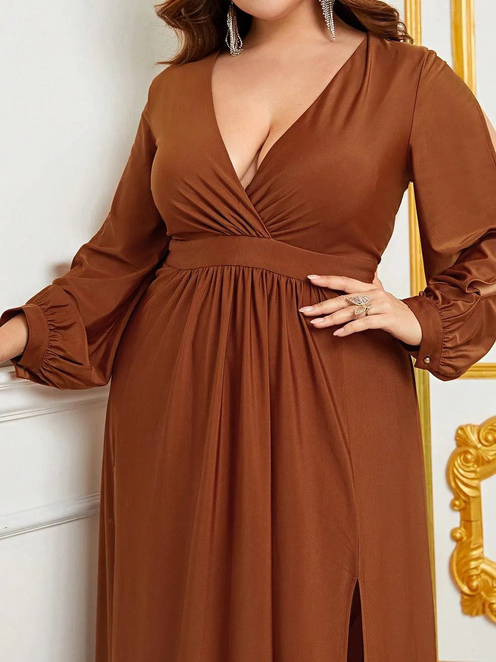 Plus Plunging Neck Lantern Sleeve High Slit Dress - Elonnashop