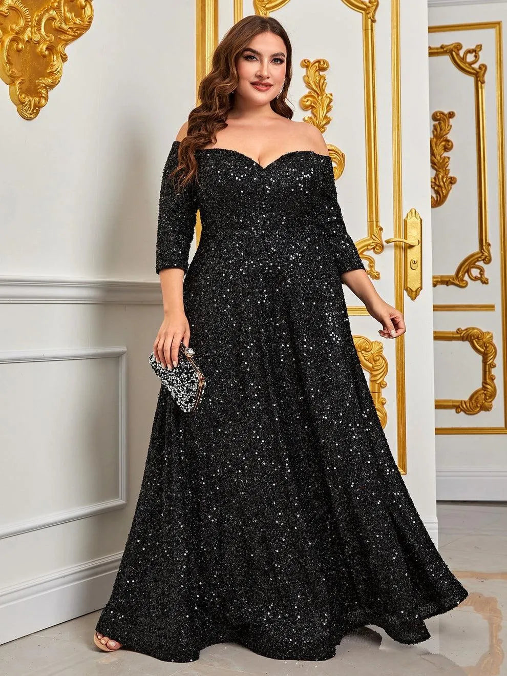 Plus Off Shoulder 3/4 Sleeves Sequin A Line Dress Black / 4XL Plus Off Shoulder 3/4 Sleeves Sequin A Line Dress Black / 4XL