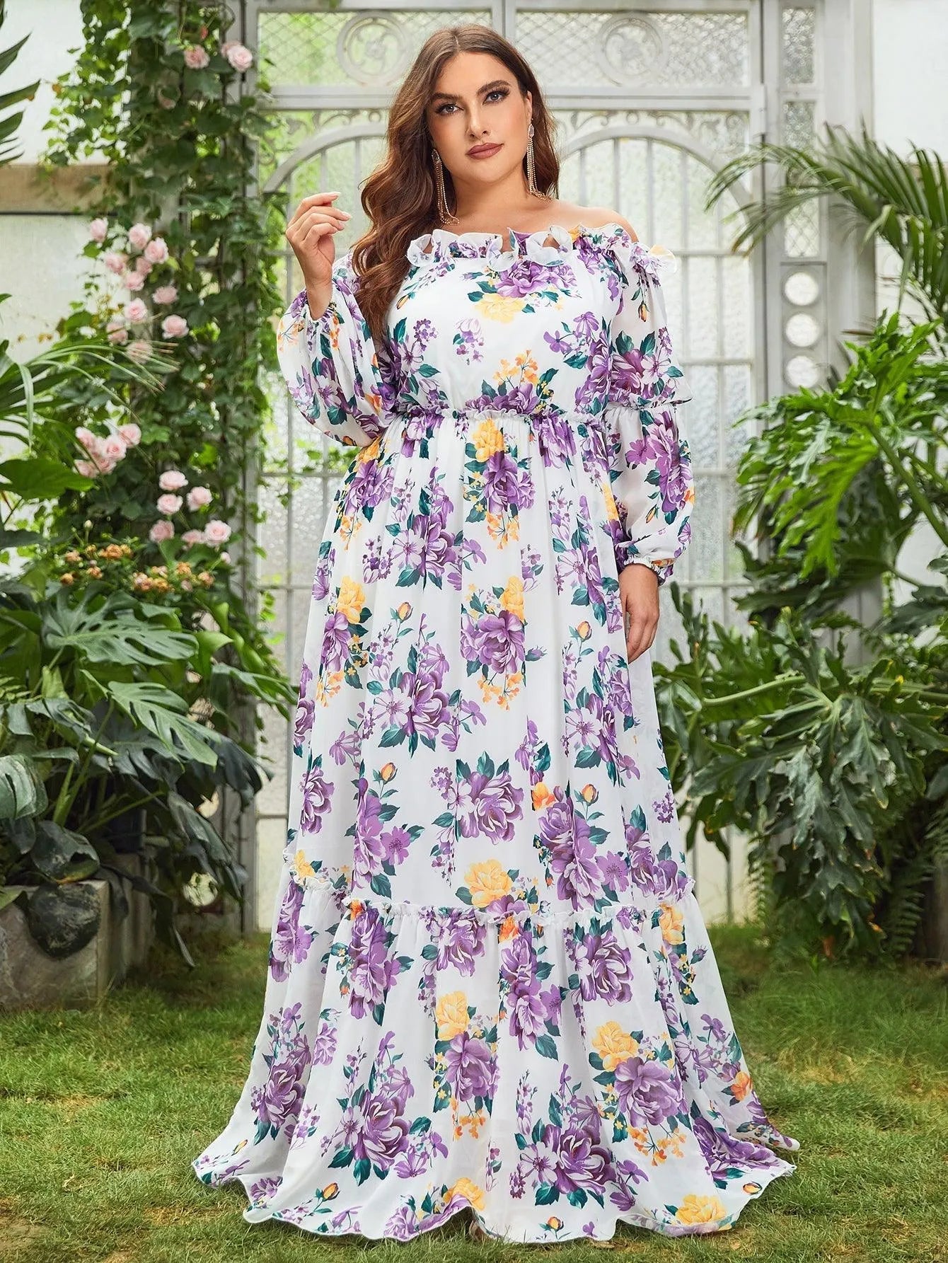 Plus Off Shoulder Long Sleeves Floral Chiffon Dress White / 3XL Plus Off Shoulder Long Sleeves Floral Chiffon Dress White / 3XL