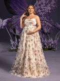 Plus Maternity  Strapless Ruffle Trim Floral Mesh Party Dress