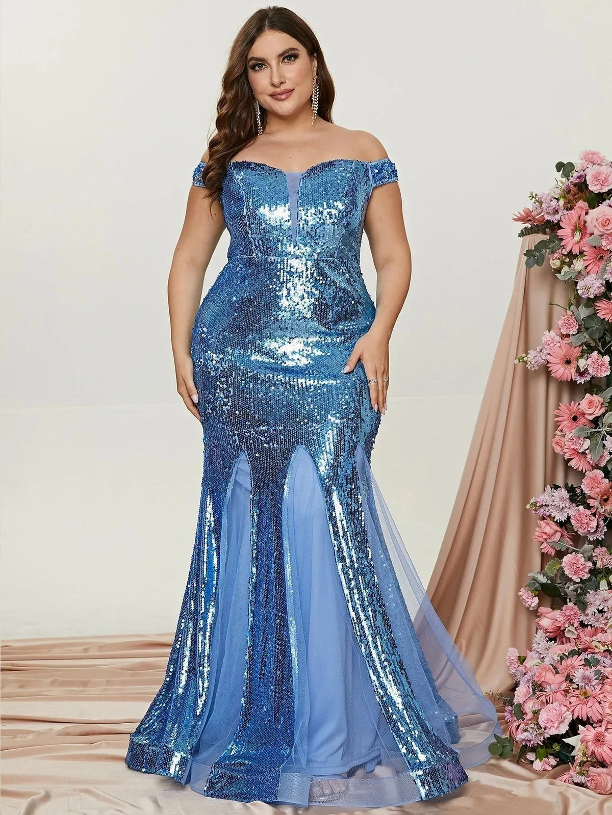 Plus Off Shoulder Sweetheart Mesh Insert Sequin Mermaid Dress