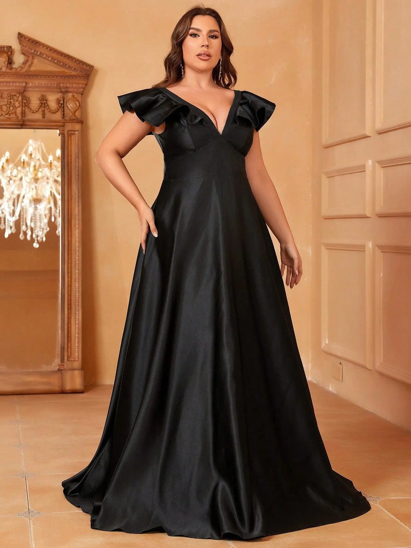 Plus Ruffle Trim Deep V Neck Satin Formal Dress - Elonnashop