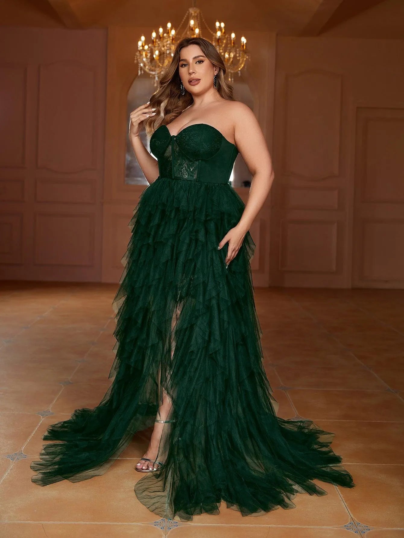 how to hem prom dress Plus Lace Bodice Contrast Layered Mesh Hem Prom Dress – Curvepretty