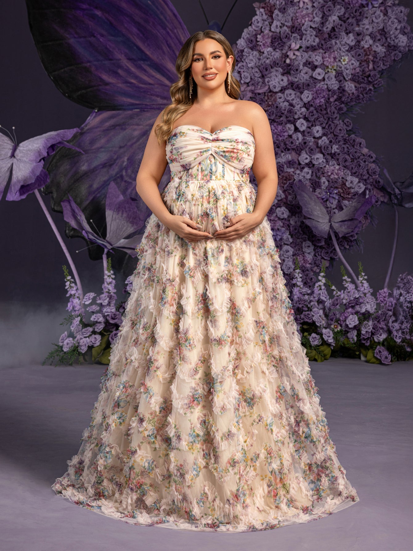 Plus Maternity  Strapless Ruffle Trim Floral Mesh Party Dress