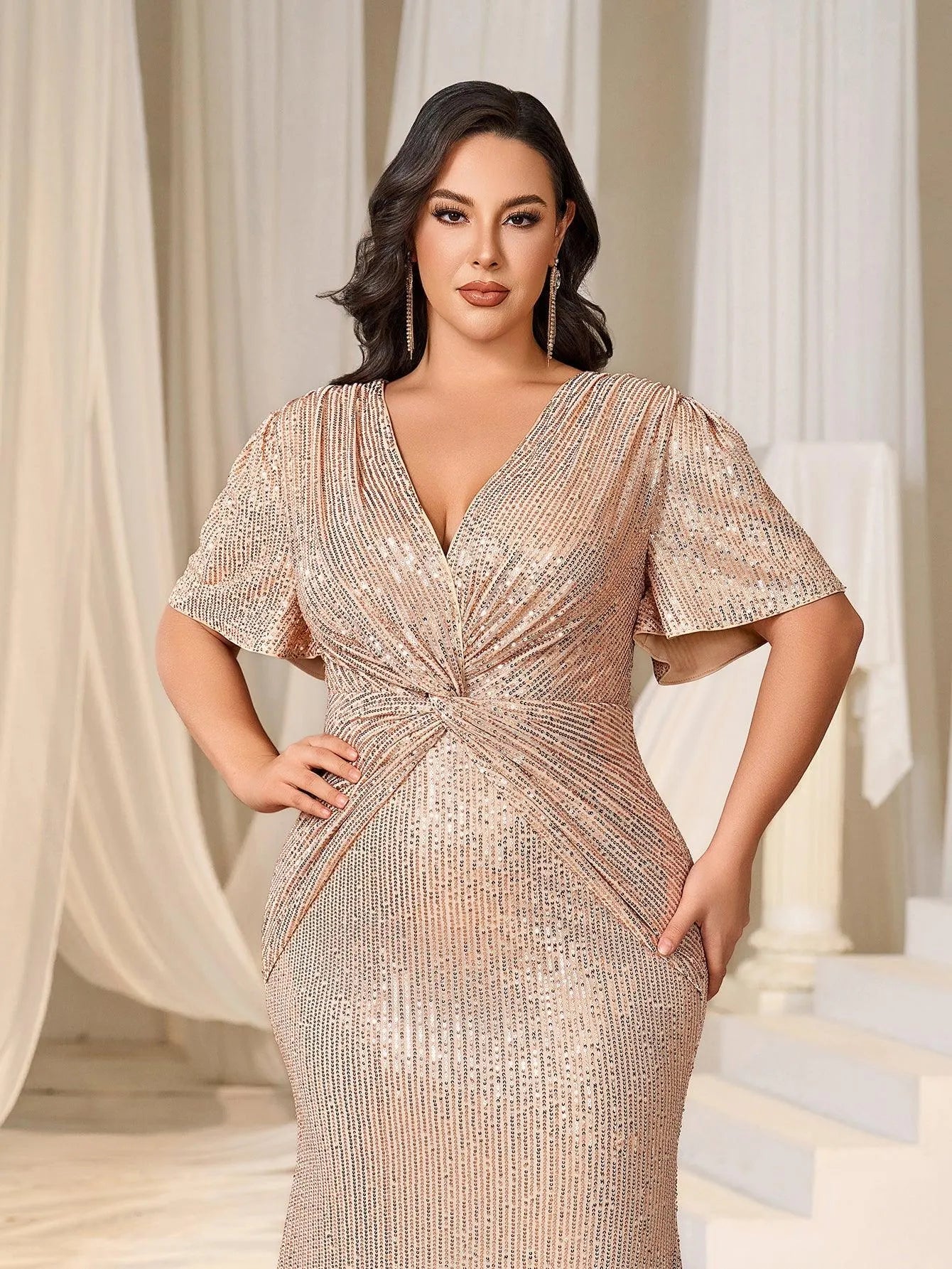 Plus Plunging Neck Twist Front Sequin Mermaid Party Dress - Elonnashop