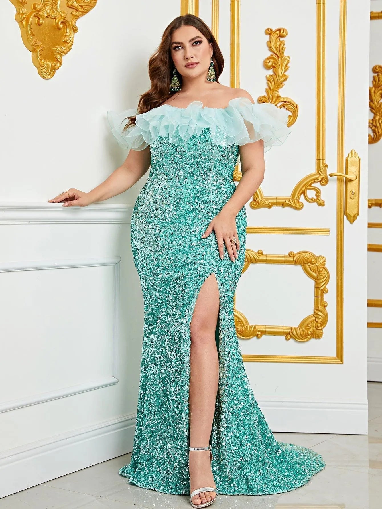 Plus Off Shoulder Ruffle Trim Split Thigh Sequin Mermaid Dress - Elonnashop