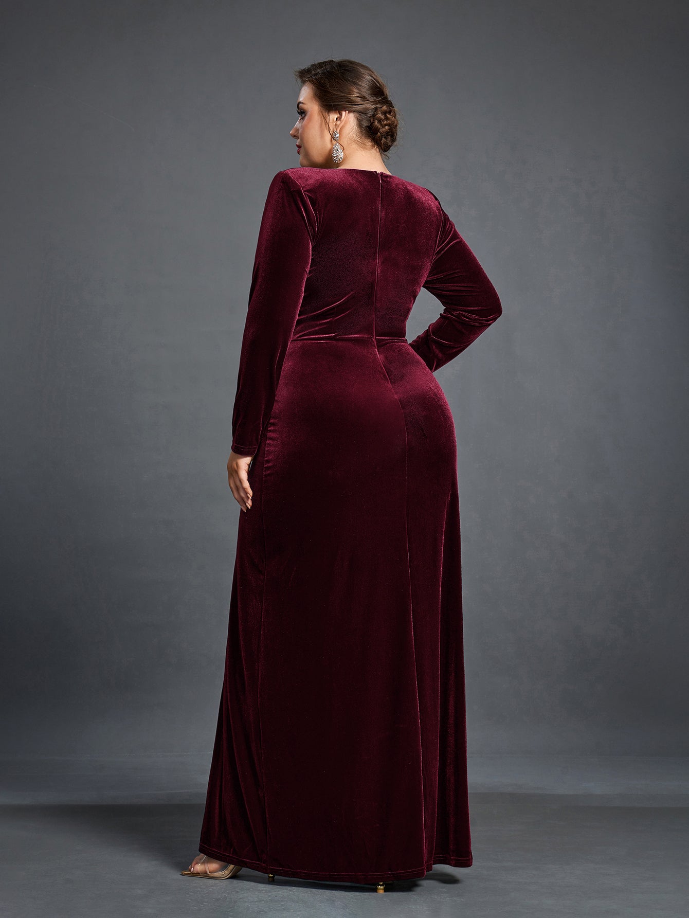 Plus Elegant V Neck Long Sleeve Velvet Slit Dress Dark Green / 4XL Plus Elegant V Neck Long Sleeve Velvet Slit Dress Dark Green / 4XL