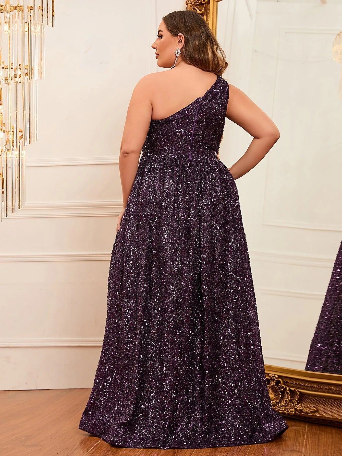 Plus Size One Shoulder Sleeveless Sequin A Line Dresses - Elonnashop