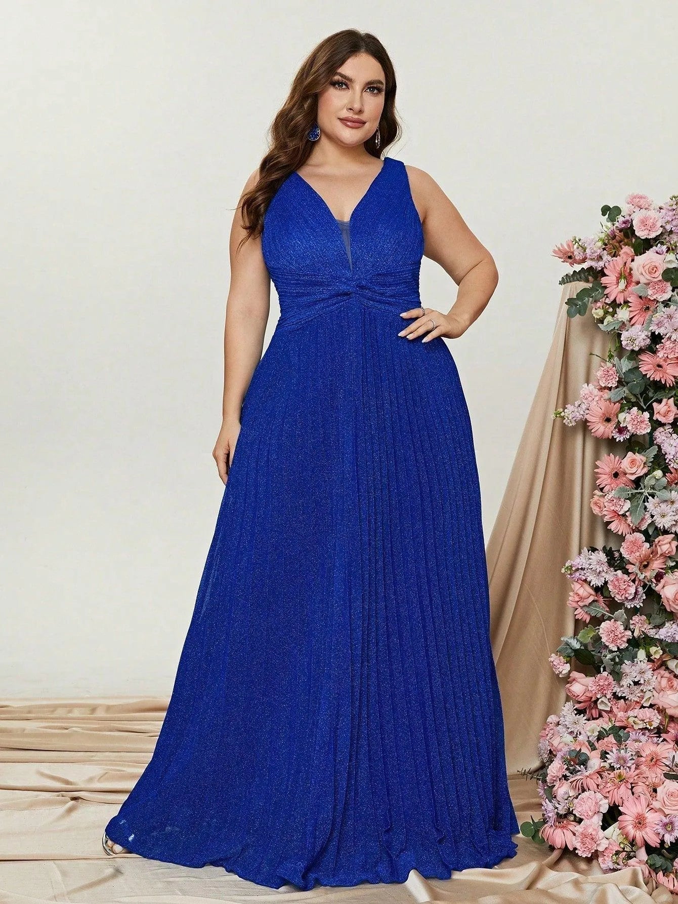 Plus Glitter V Neck Sleeveless Maxi A Line Pleated Gown - Elonnashop