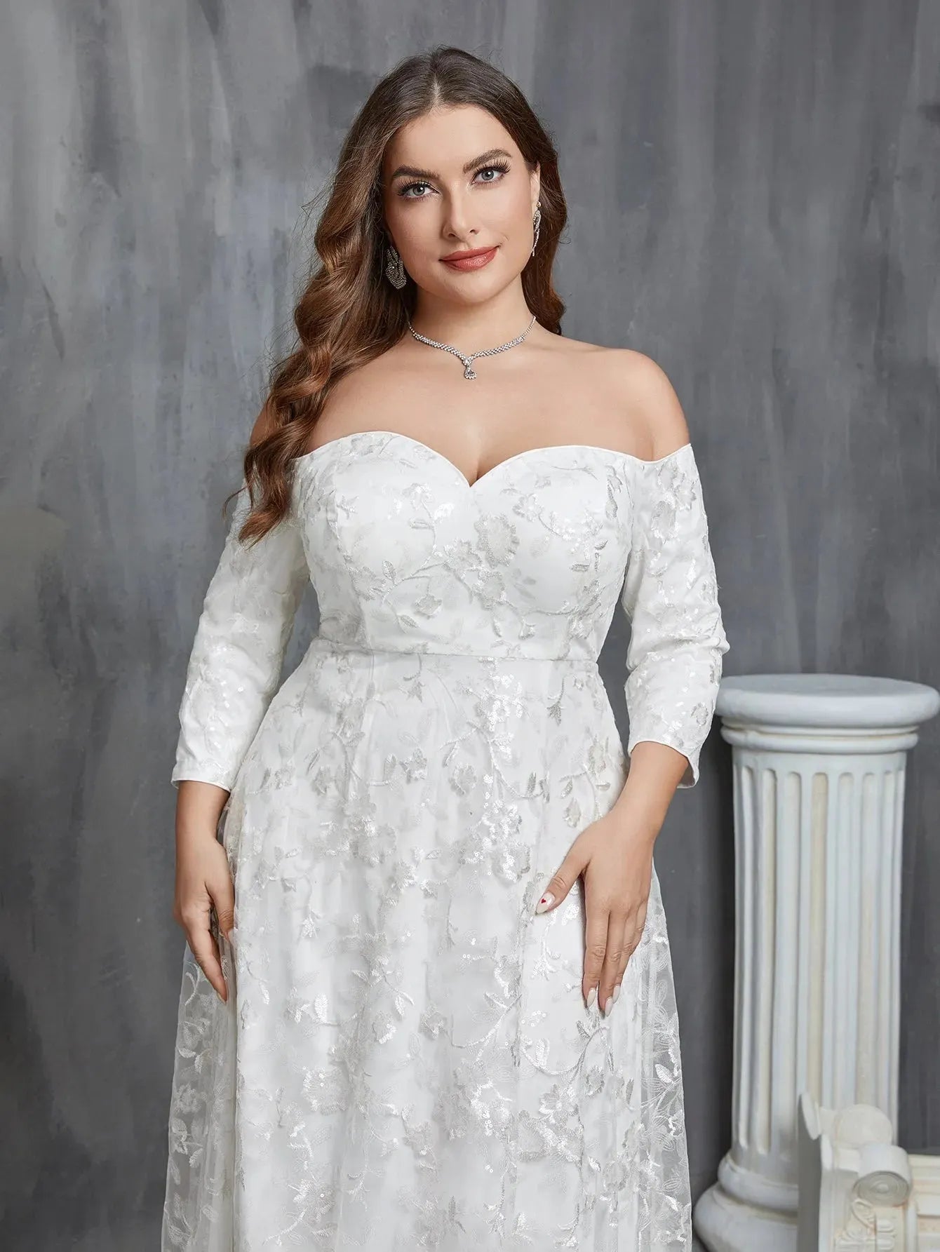 Plus Off Shoulder 3/4 Sleeves Sequin Wedding Dress