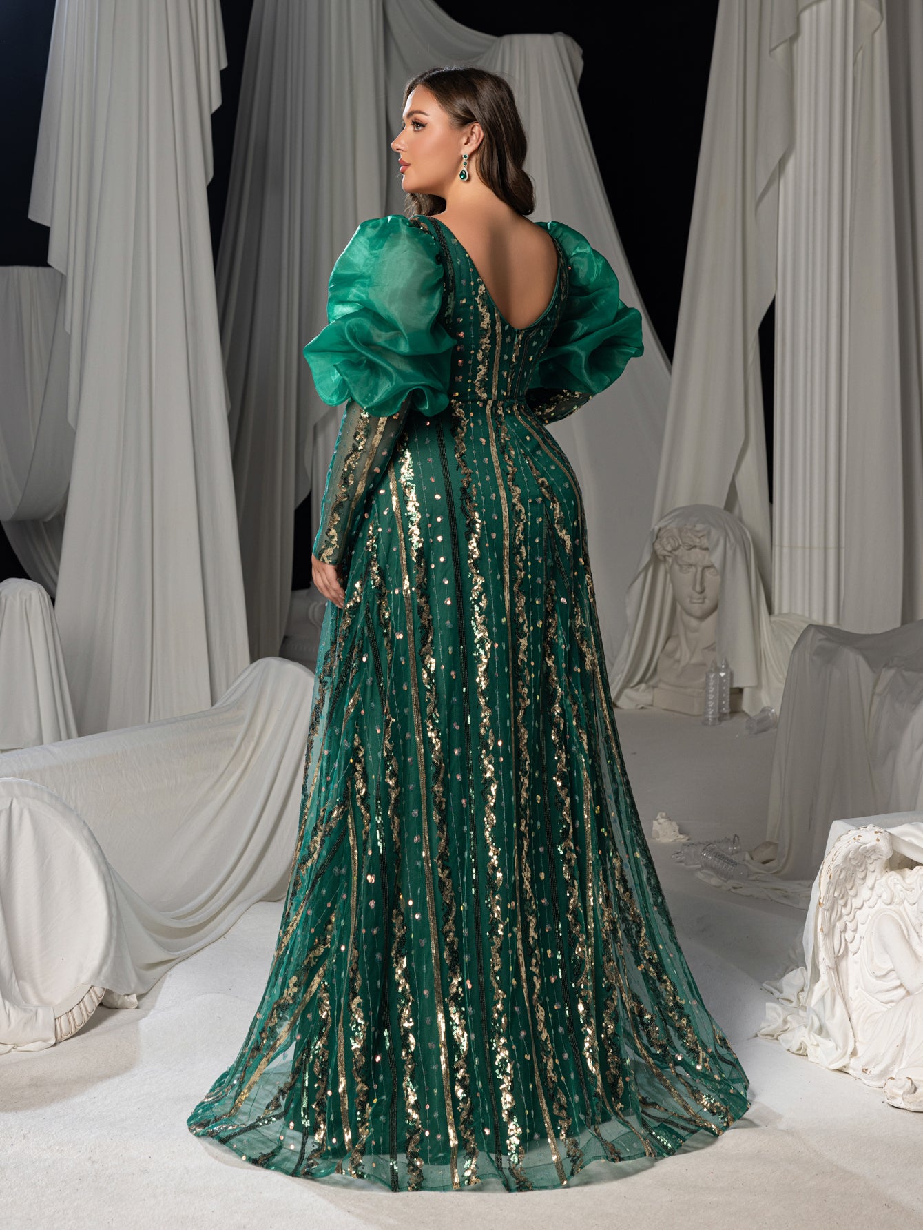 Plus Luxury Plunging Neck Backless Gigot Sleeves Maxi Prom Dress Green / 3XL Plus Luxury Plunging Neck Backless Gigot Sleeves Maxi Prom Dress Green / 3XL