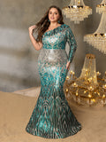 Plus One-Shoulder Geometric Sequin Gown | Long Sleeve Mermaid Dress