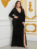 Plus Plunging Neck Long Sleeves Split Thigh Sequin Party Dress