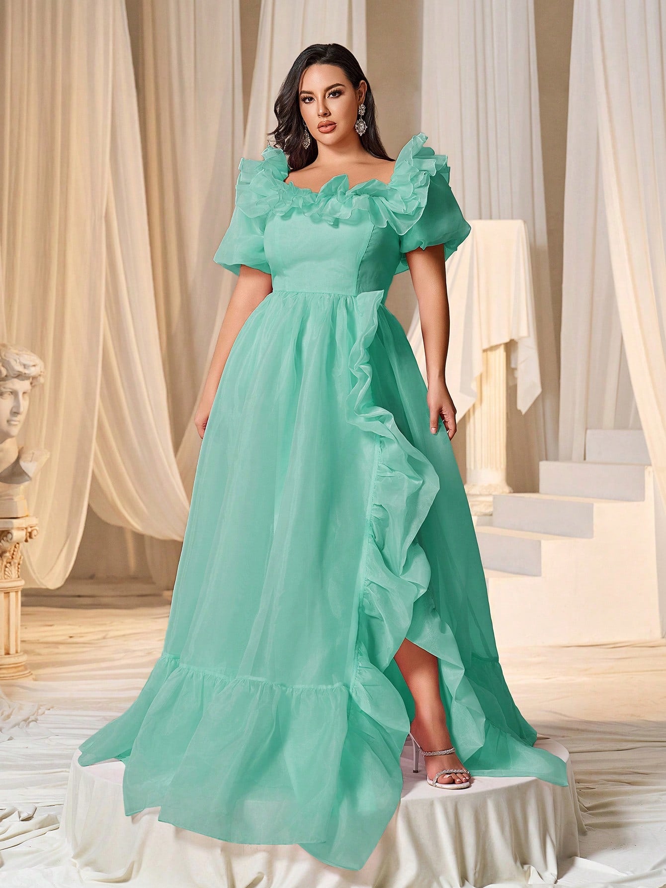 Plus Square Collar Ruffle Trim Puff Sleeves Organza Prom Dress Mint / 1XL Plus Square Collar Ruffle Trim Puff Sleeves Organza Prom Dress Mint / 1XL