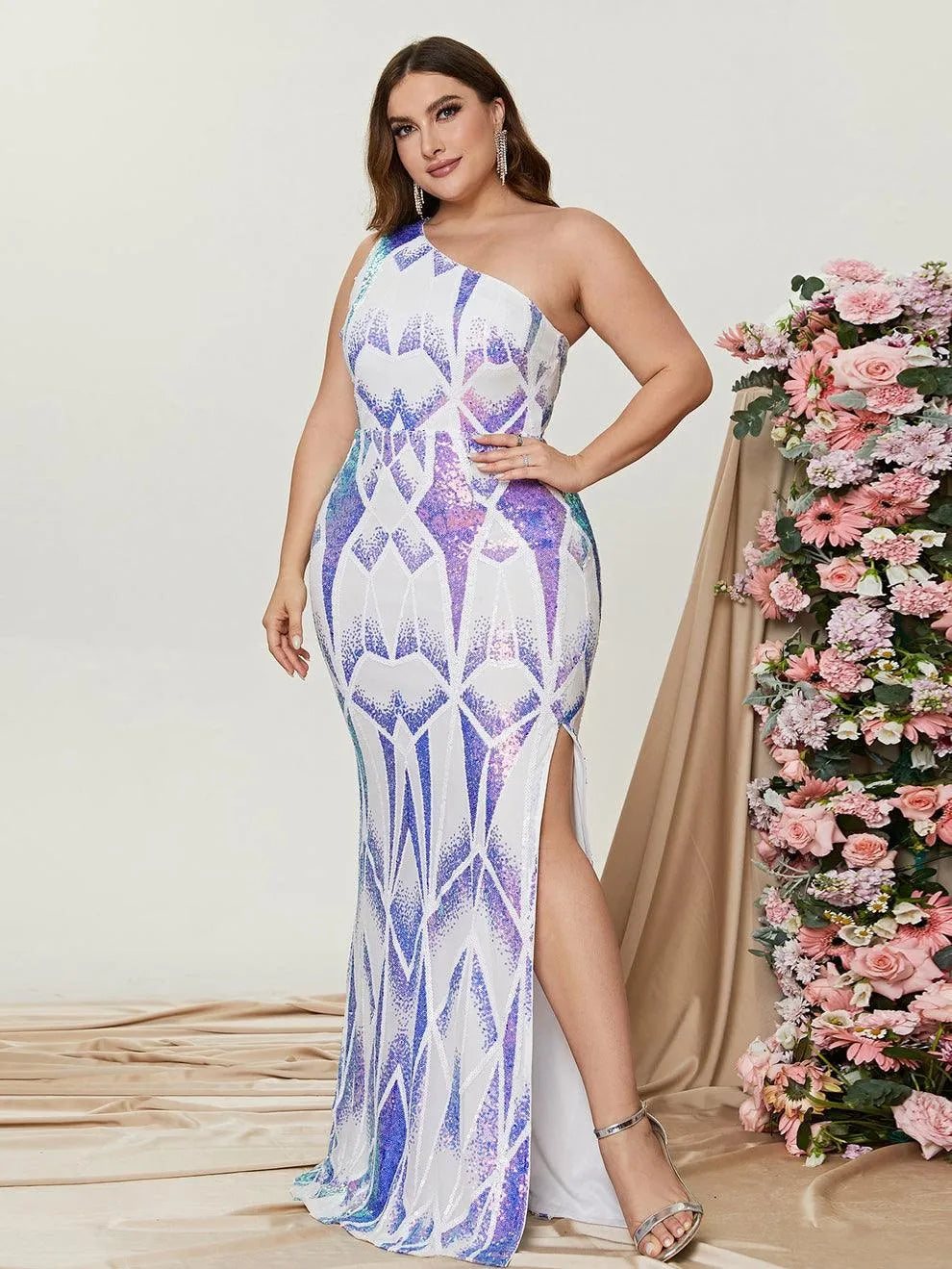 Plus Size One Shoulder Sleeveless Slit Prom Dresses - Elonnashop