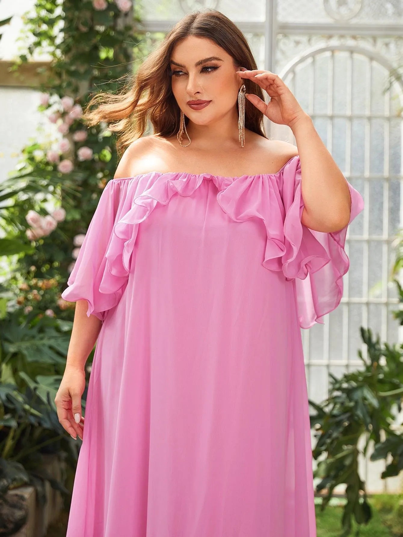 Plus Off Shoulder Ruffle Trim Chiffon Party Dress - Elonnashop