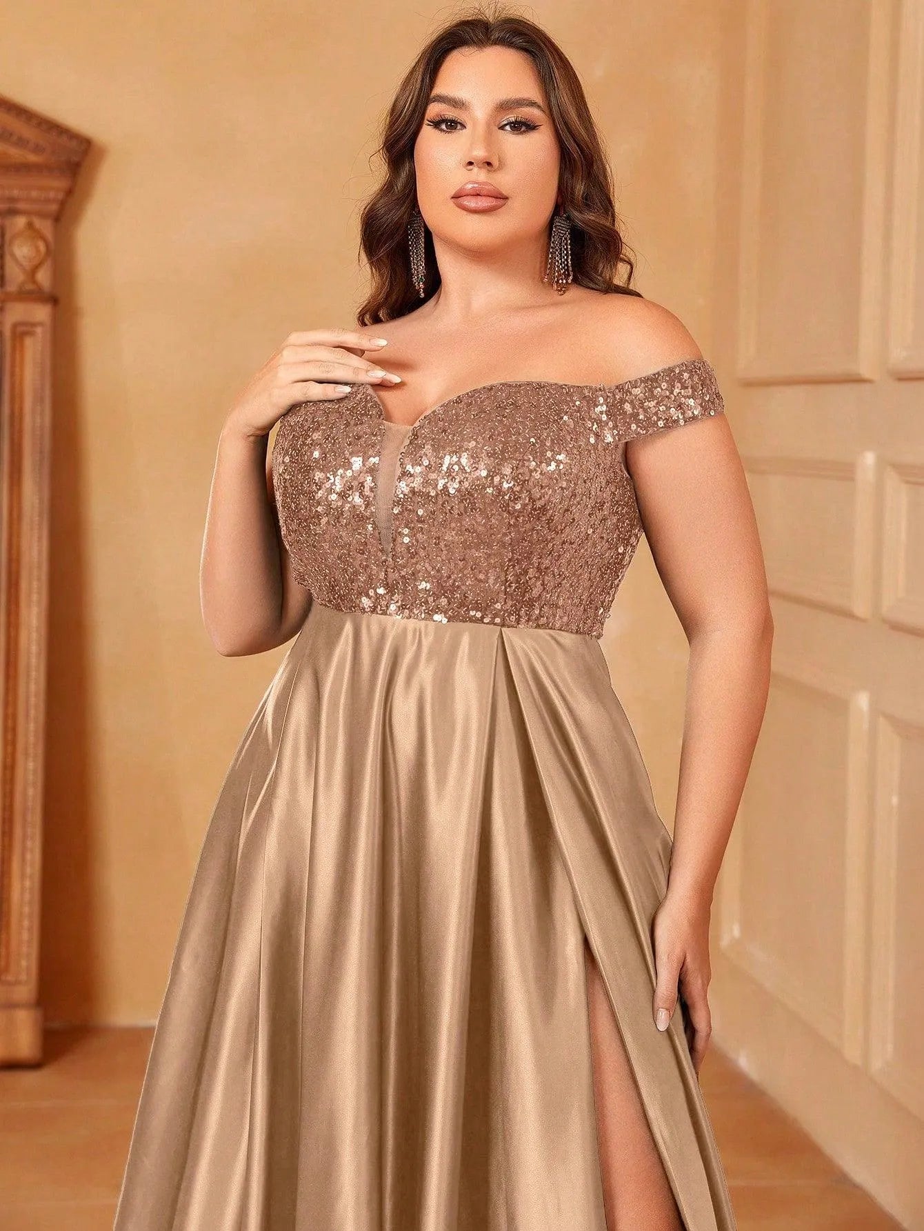 Plus Sweetheart Neckline Contrast Sequin Satin Prom Dress - Elonnashop