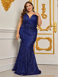 Plus Deep V Sleeveless Sequin Formal Dresses - Elonnashop