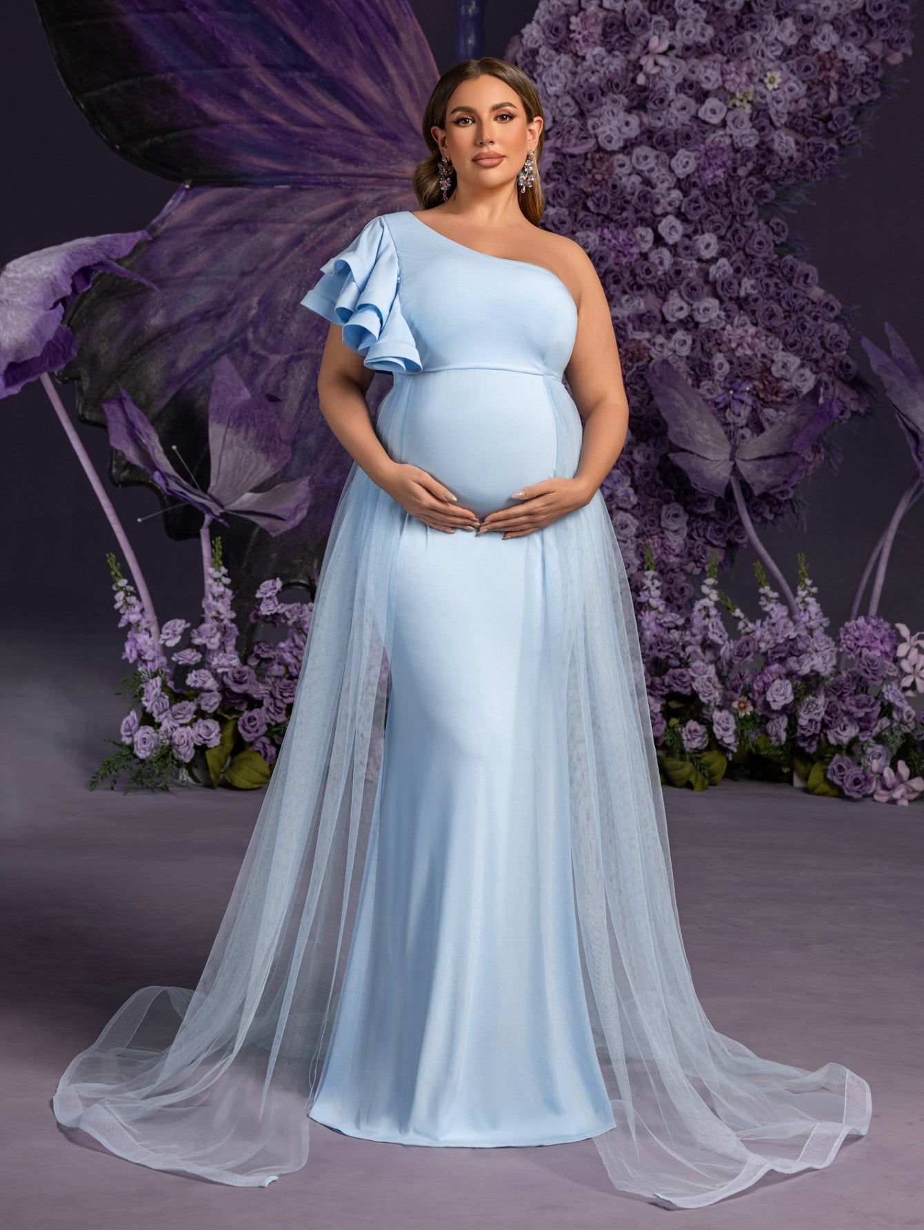 Maternity Plus Evening Gown with Asymmetrical Ruffle Neckline & Tulle Light Blue / 1XL Maternity Plus Evening Gown with Asymmetrical Ruffle Neckline & Tulle Light Blue / 1XL