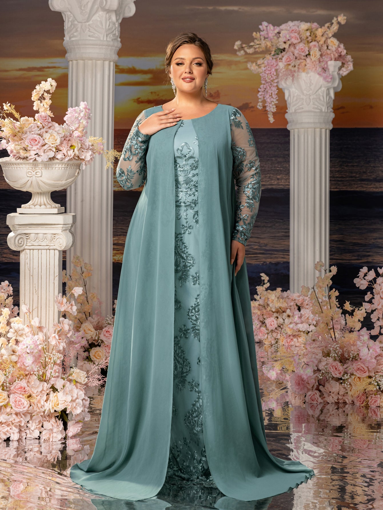 Plus Womens' Elegant Lace Mermaid Gown - Sheer Sleeves & Intricate Lace Patterns with Chiffon Overlay for Beach Weddings, Romantic Coastal Events