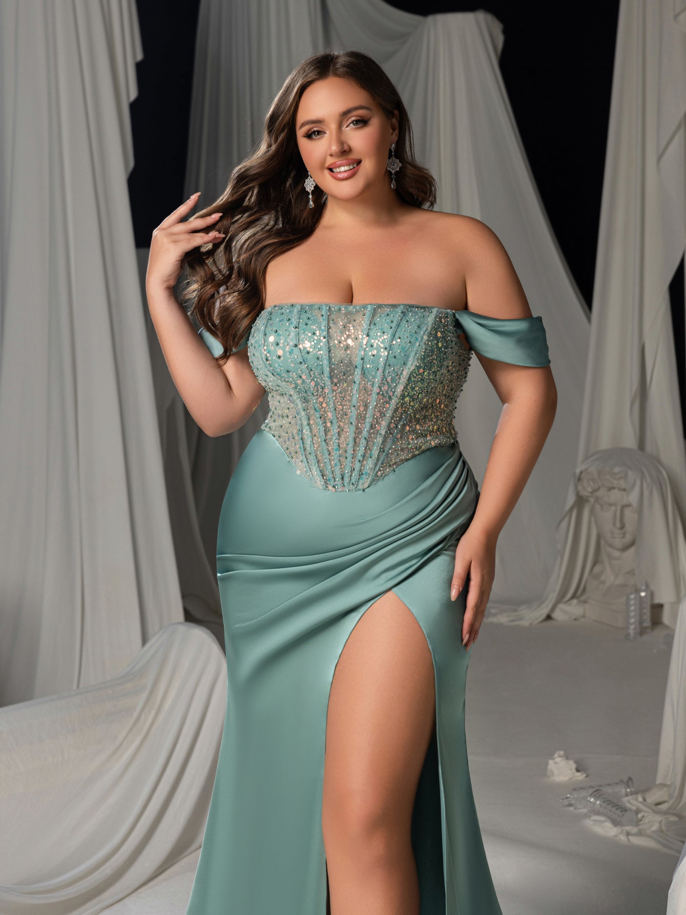 Plus Size Sequin Off-Shoulder Evening Gown - Fishbone Mermaid Dress with High Slit