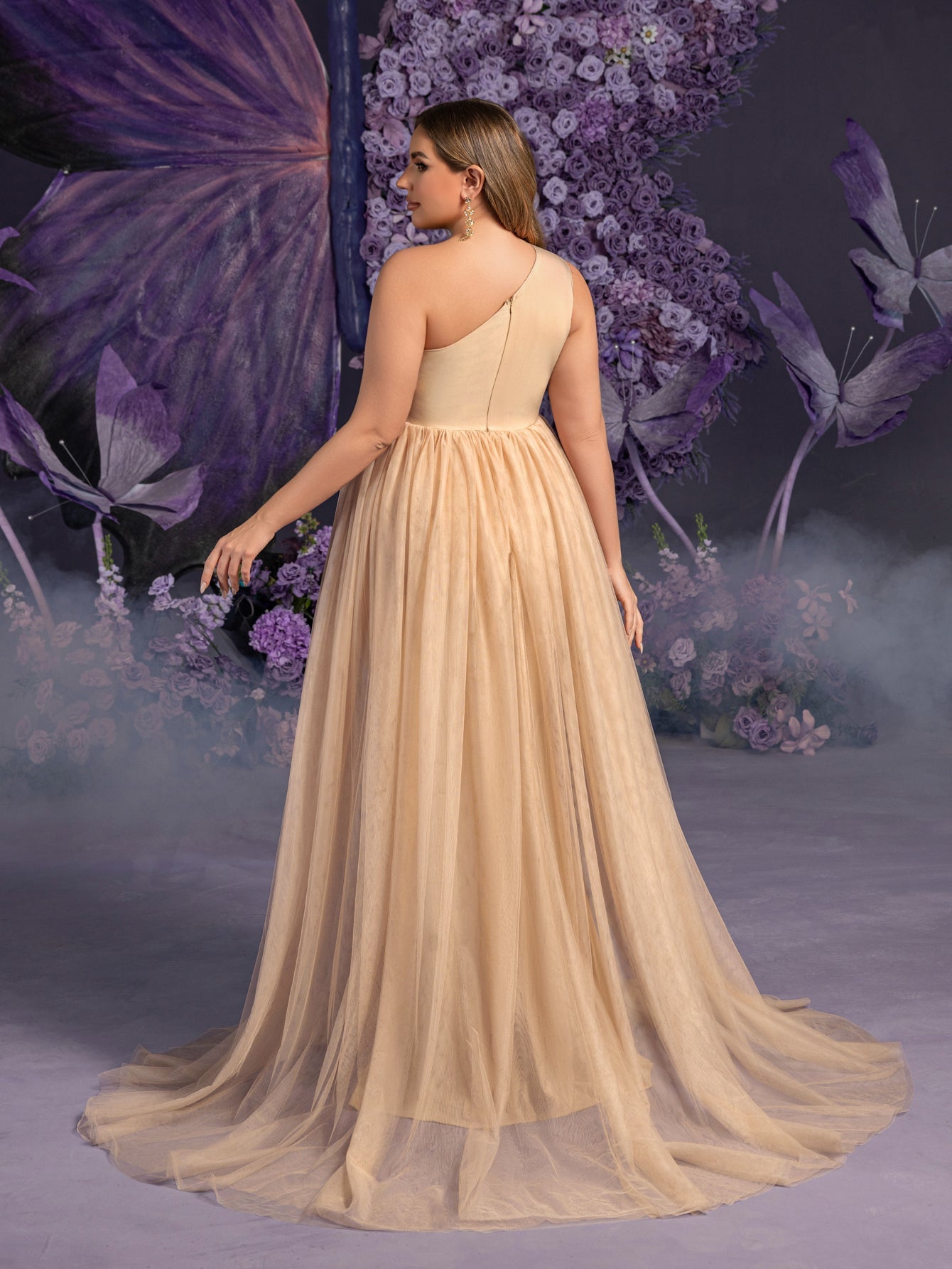 Plus Maternity One Shoulder Contrast Mesh Mermaid Evening Dress Champagne / 5XL Plus Maternity One Shoulder Contrast Mesh Mermaid Evening Dress Champagne / 5XL