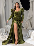 Plus Elegant Velvet Gown with Thigh-High Slit & Puff Sleeves â€?Luxury Evening Wear for Red Carpet, Gala Dinners & High-End Parties