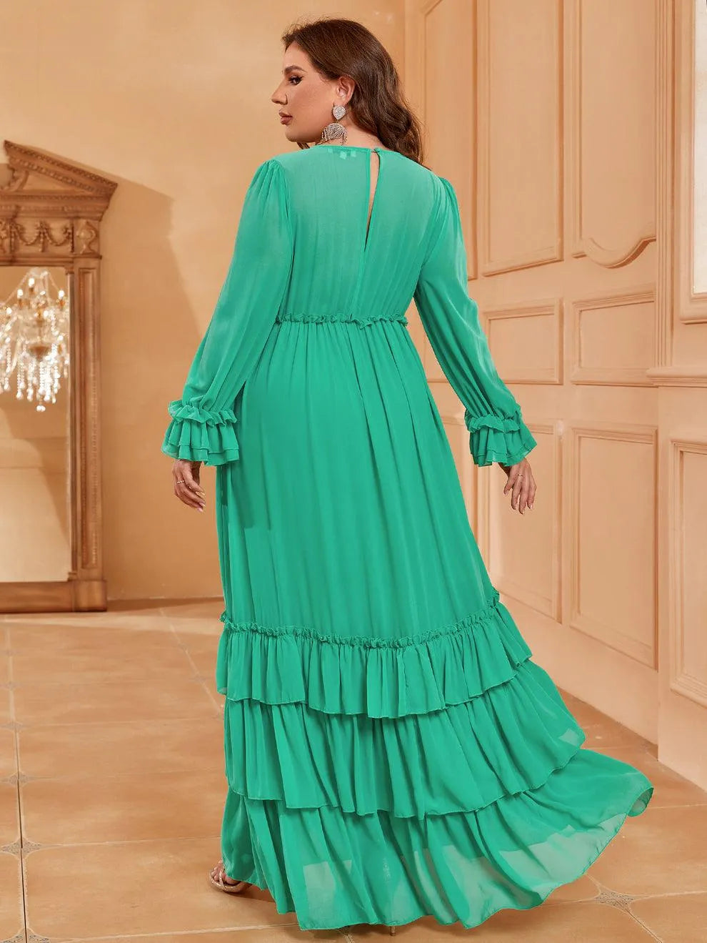 Plus Lantern Sleeves Layered Ruffle Hem Chiffon Party Dress Green / 3XL Plus Lantern Sleeves Layered Ruffle Hem Chiffon Party Dress Green / 3XL