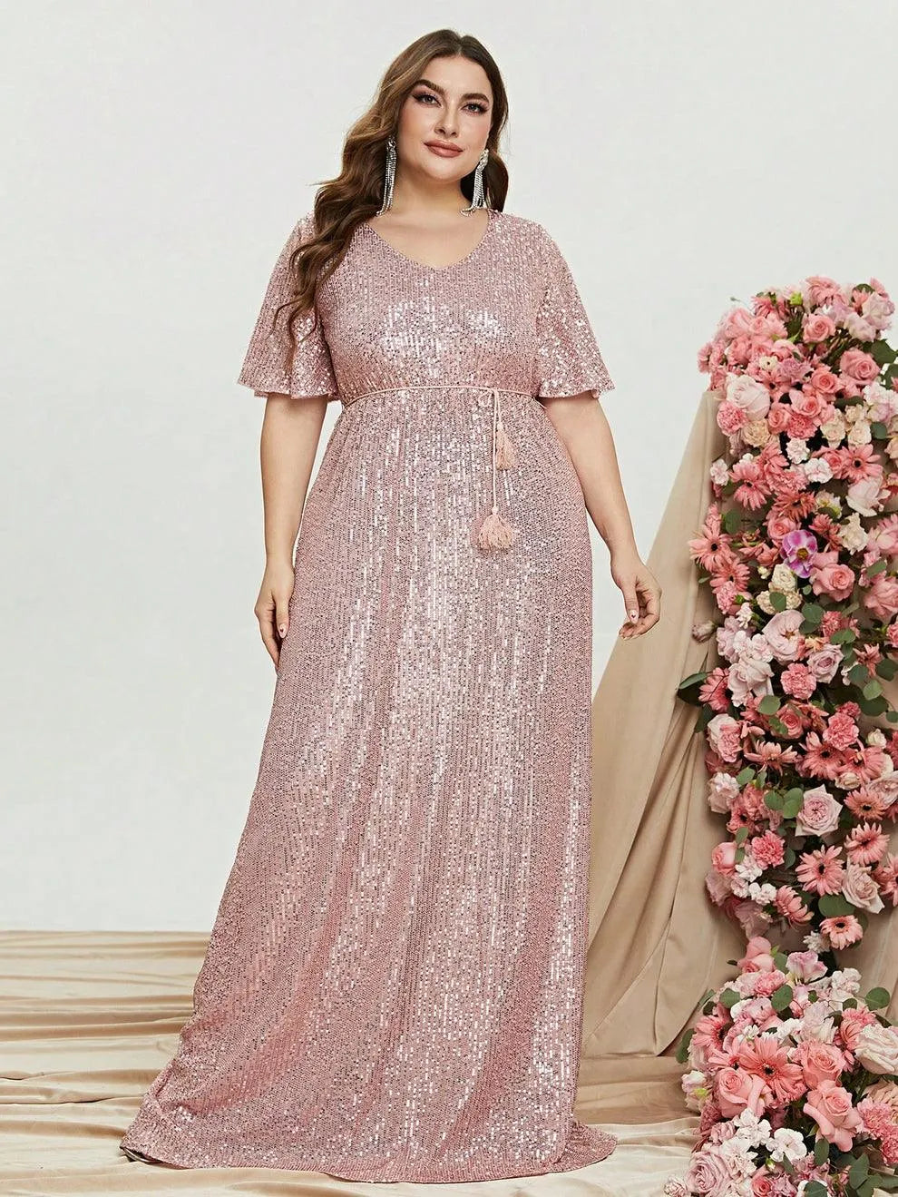 Plus Butterfly Sleeve Sequin Prom Dress - Elonnashop