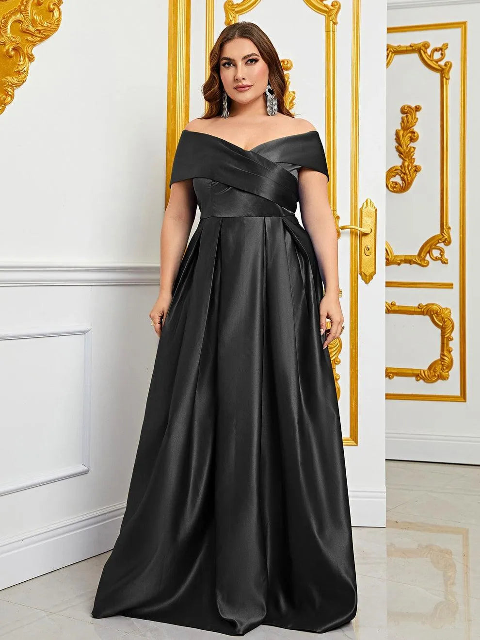 Plus Elegant Off Shoulder Satin A Line Prom Dress - Elonnashop