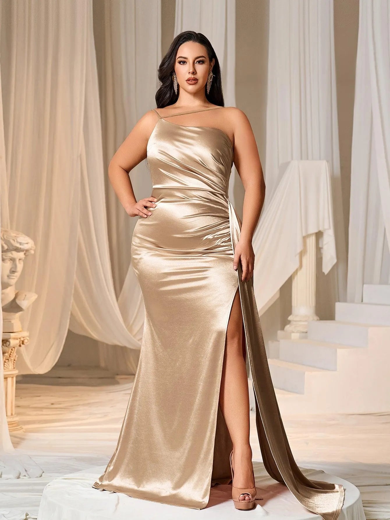 Plus Asymmetric Neckline Satin Mermaid Party Dress - Elonnashop