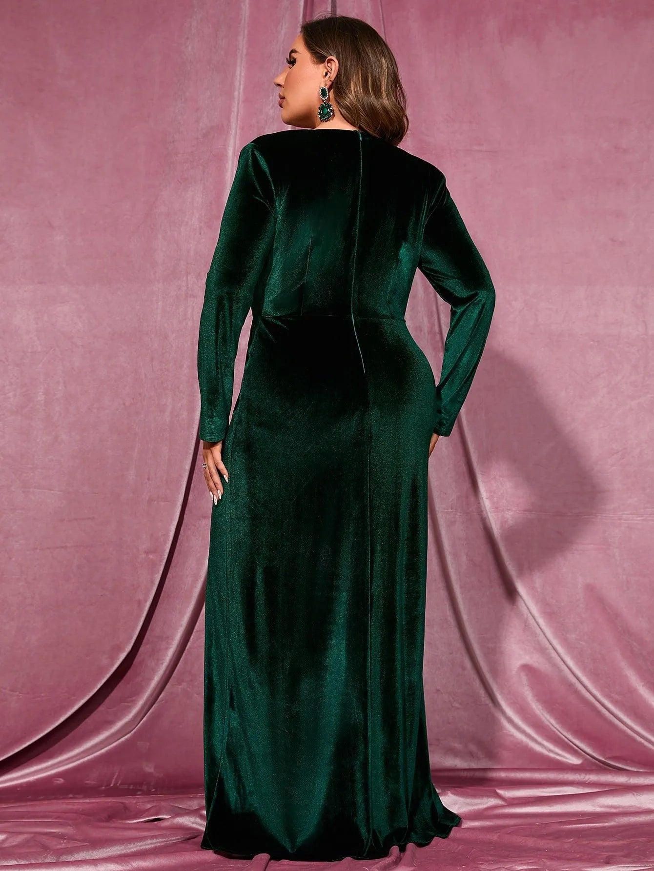 Plus Elegant V Neck Long Sleeve Velvet Slit Dress - Elonnashop