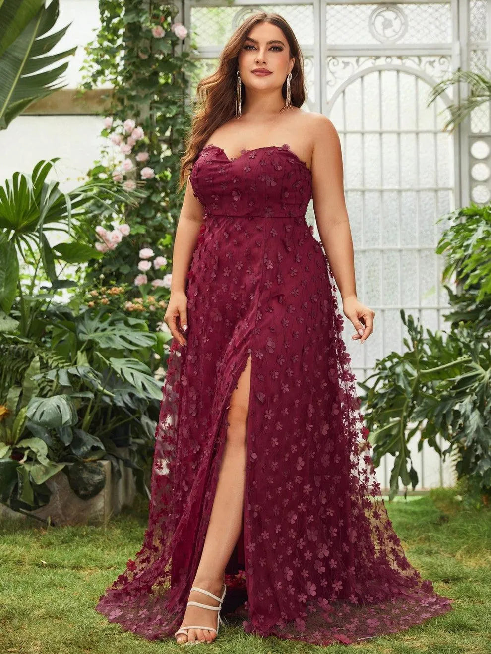 Plus Floral Appliques Split Thigh Mesh Tube Dresses Black / 3XL Plus Floral Appliques Split Thigh Mesh Tube Dresses Black / 3XL