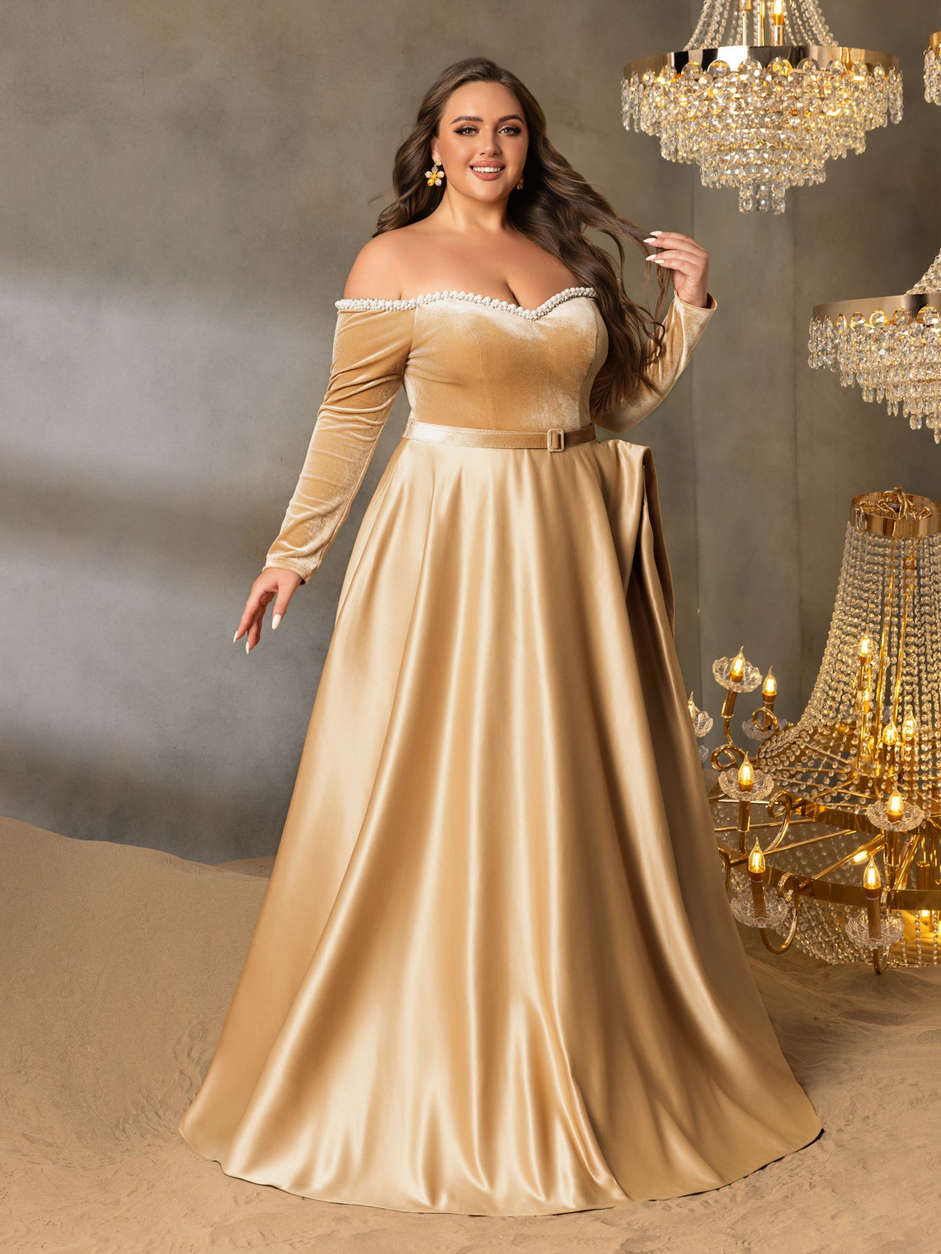 Plus Women's Pearl Accented Off-The-Shoulder Formal Gown | Long Sleev Champagne / 2XL Plus Women's Pearl Accented Off-The-Shoulder Formal Gown | Long Sleev Champagne / 2XL