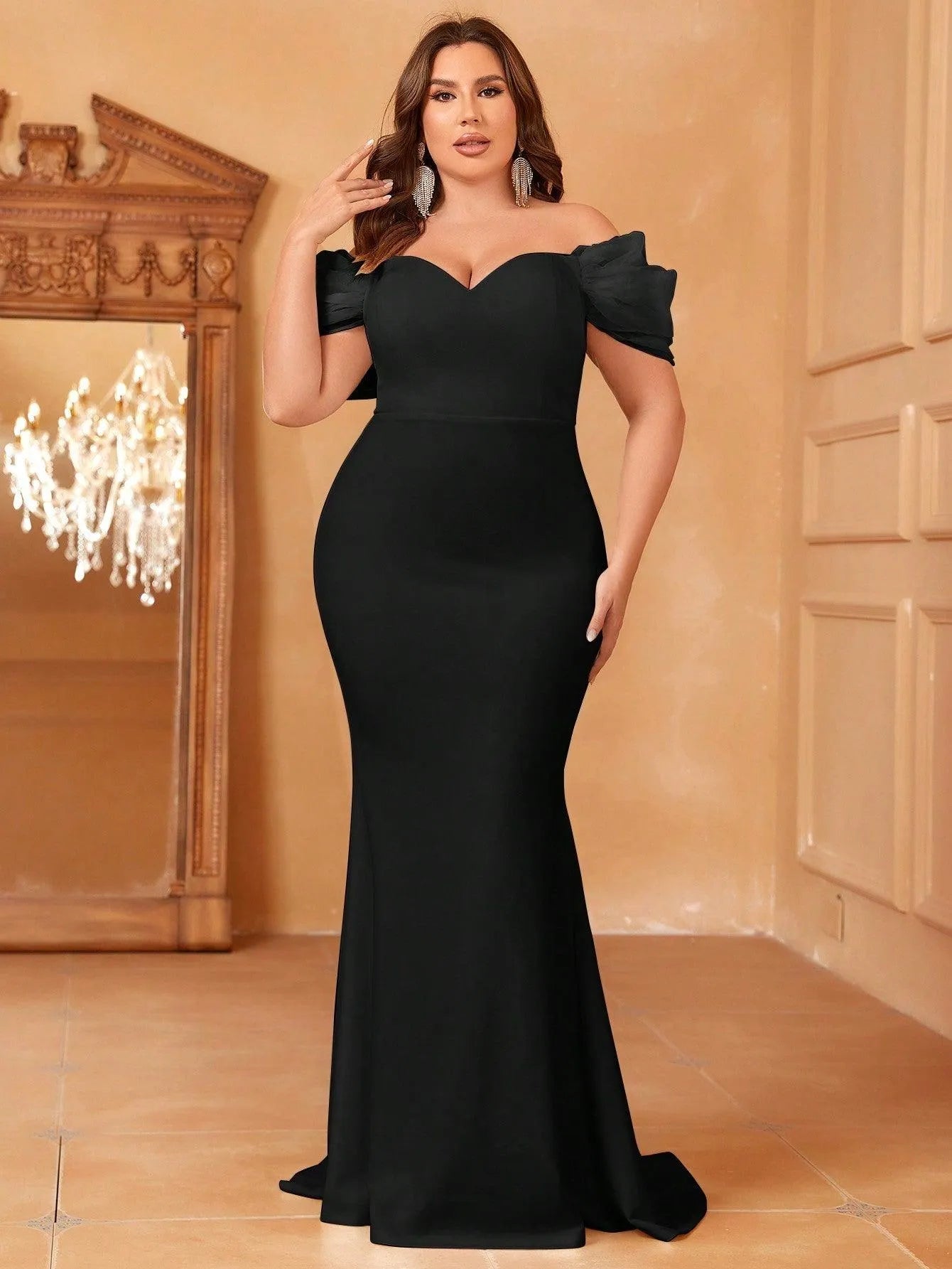 Plus Off Shoulder Mermaid Hem Formal Dress - Elonnashop