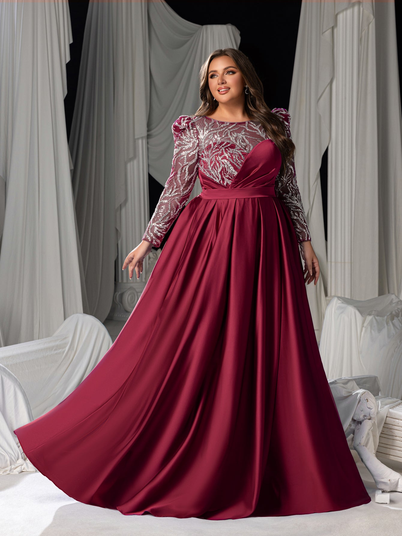 Plus Women's Sequin Bodice Formal Gown | Long Sleeves | Full Flared Skirt
