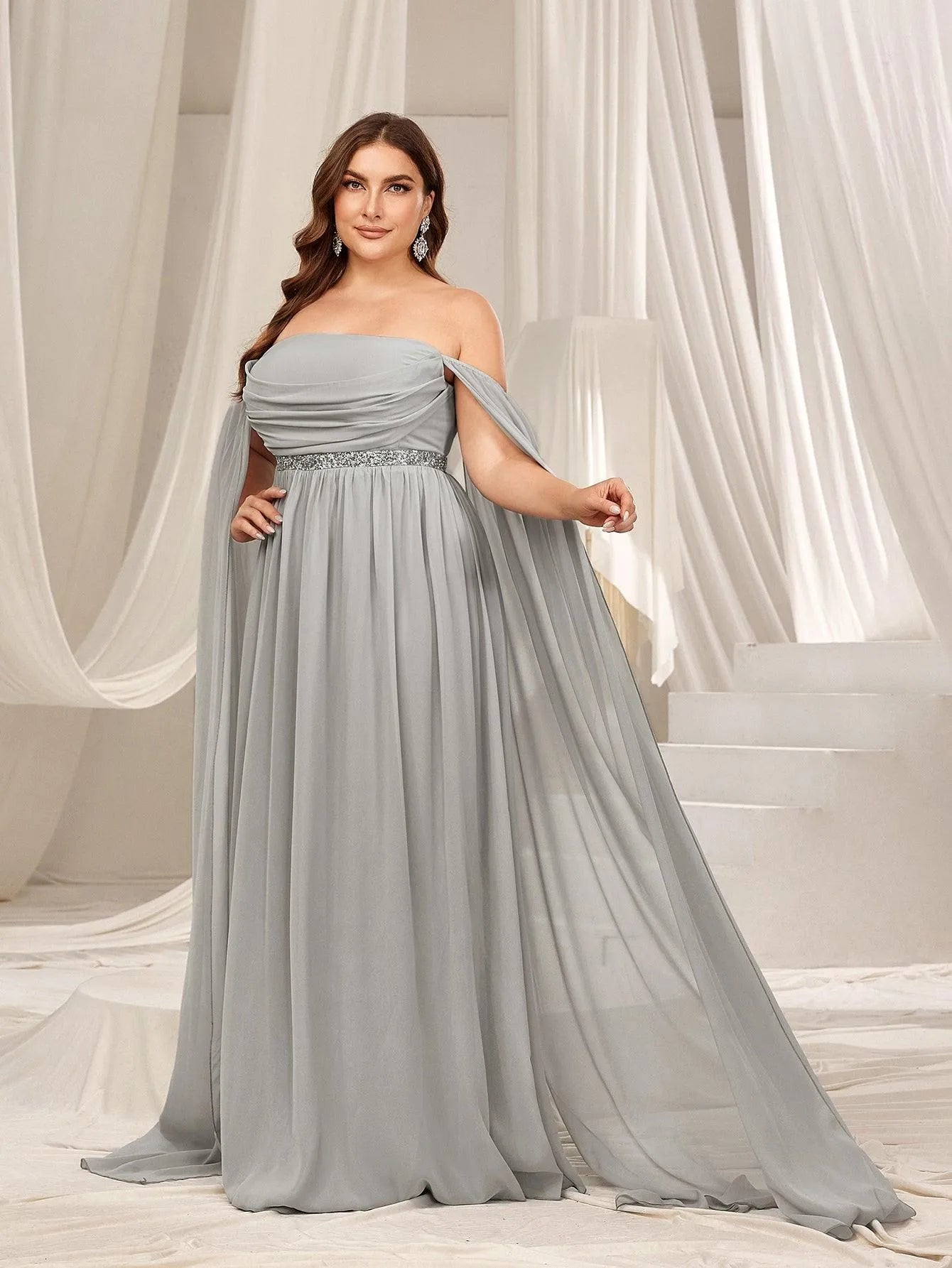 Plus Off Shoulder Extra-Long Sleeves Chiffon Prom Dress Curvepretty Plus Off Shoulder Extra-Long Sleeves Chiffon Prom Dress Curvepretty