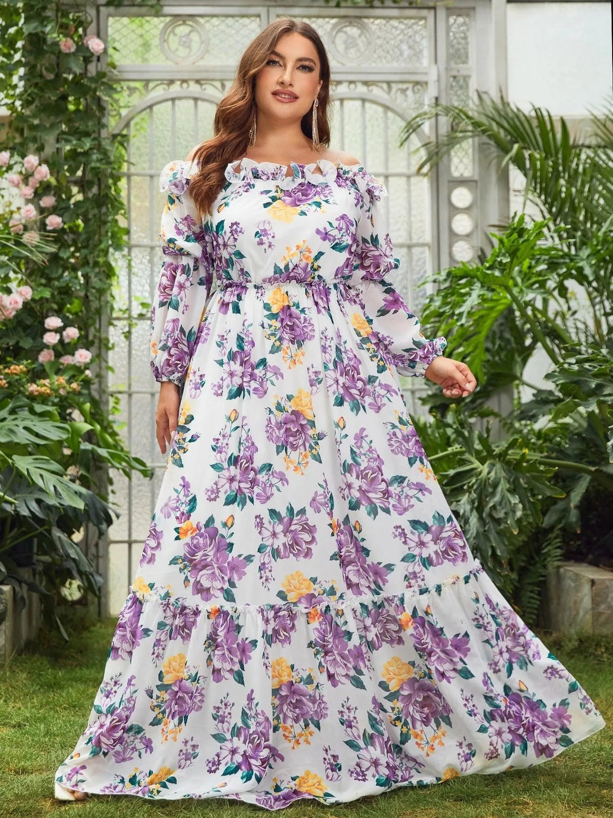 Plus Off Shoulder Long Sleeves Floral Chiffon Dress - Elonnashop