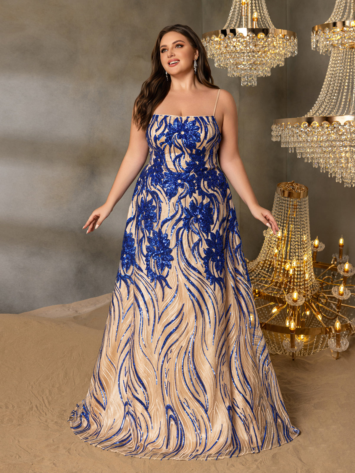Plus Elegant Spaghetti Straps Graphic Sequin Formal Prom Dress