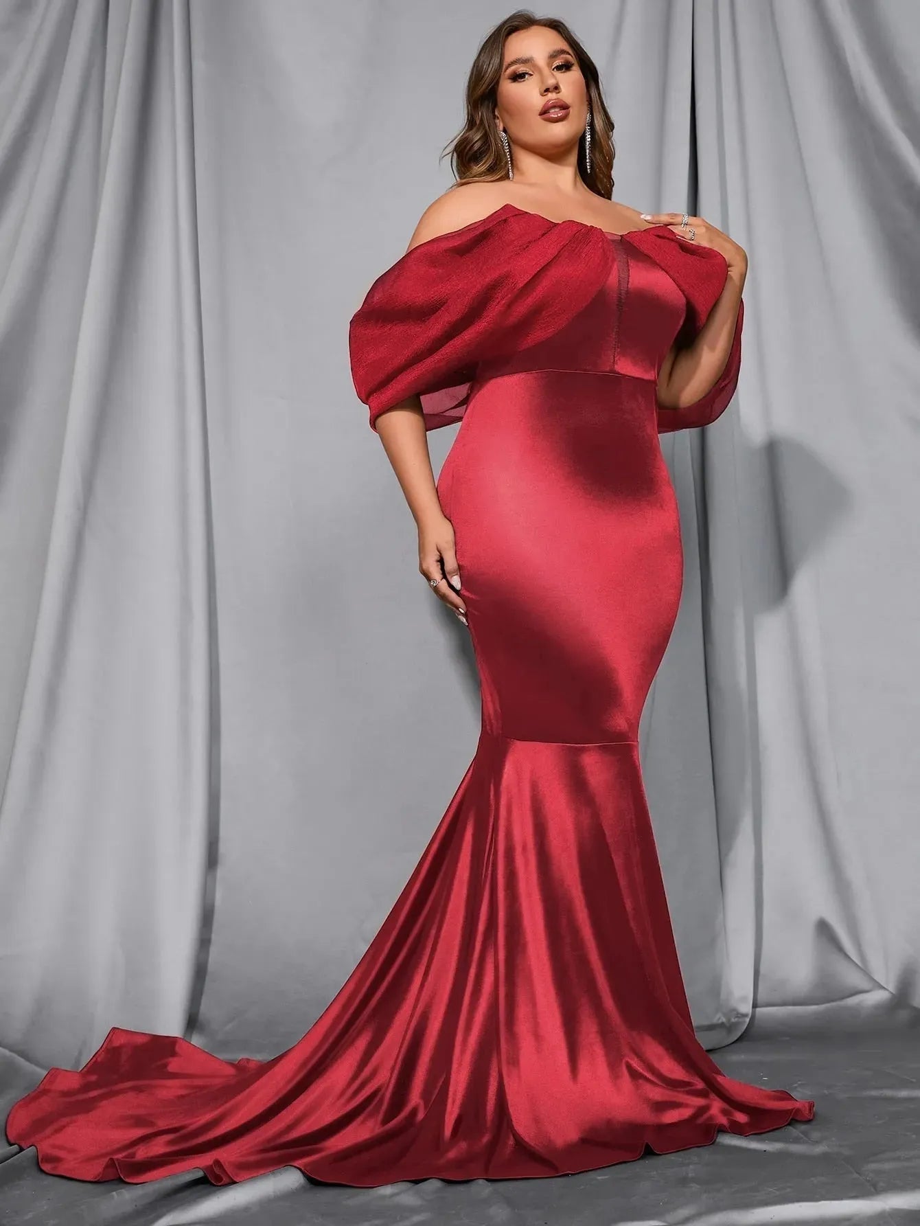 Plus Off Shoulder Cap Sleeves Satin Mermaid Dress