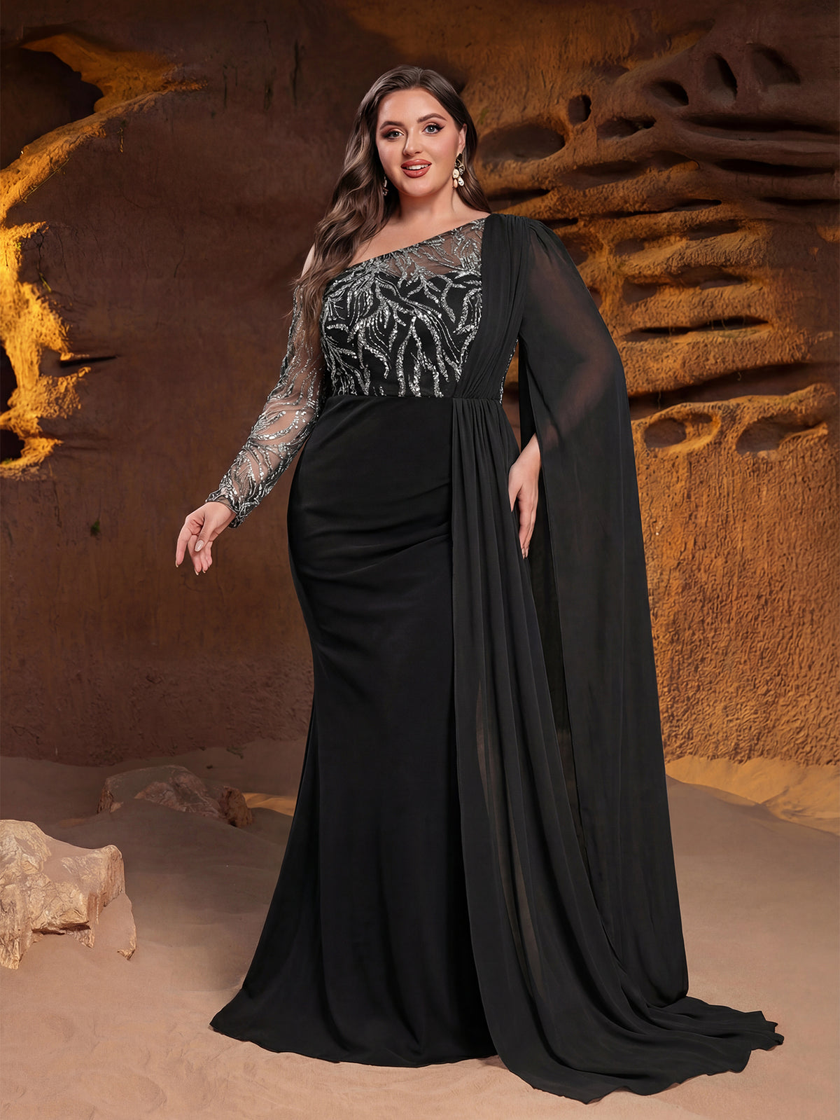 Plus Luxury Sequin One Shoulder Cape Evening Gown | Asymmetric Neckline Maxi Dress with Flowy Sleeves | Formal Party & Prom Dress